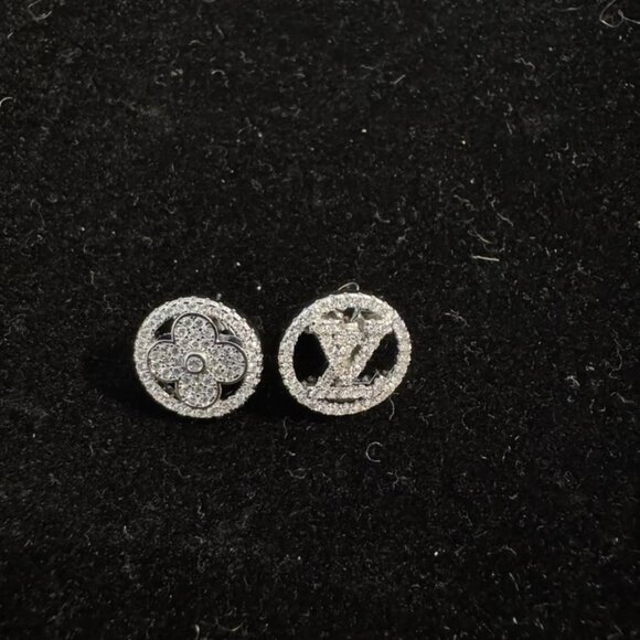 Louis Vuitton Silver Tone Crystal Stud Style Earrings with Flower Logo - Picture 3 of 5